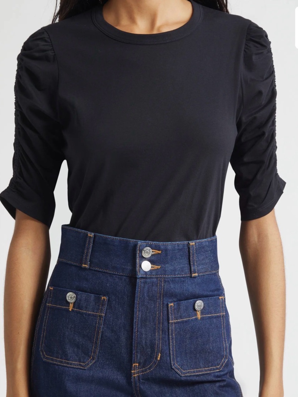 Veronica Beard Waldorf Ruched Sleeve TShirt Black Pima Cotton